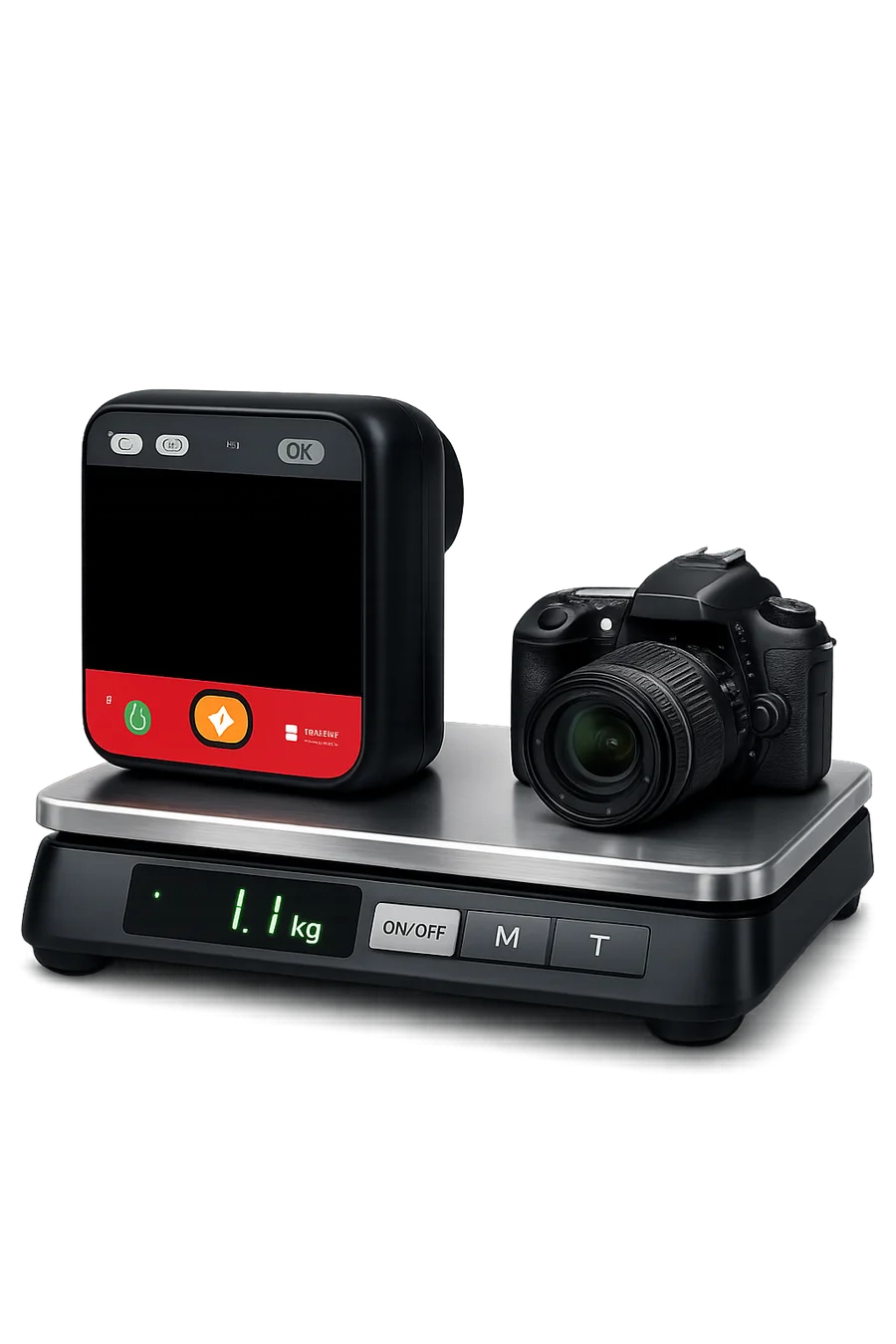 HeartSave myPAD en báscula digital marcando 1,1 kg junto a una cámara fotográfica réflex