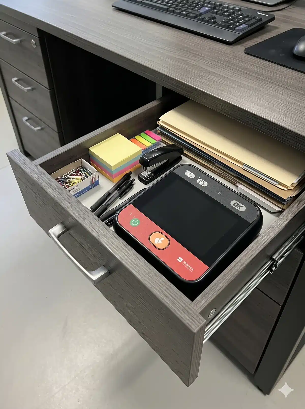 HeartSave myPAD guardado dentro del cajón de un escritorio ejecutivo junto a útiles de oficina