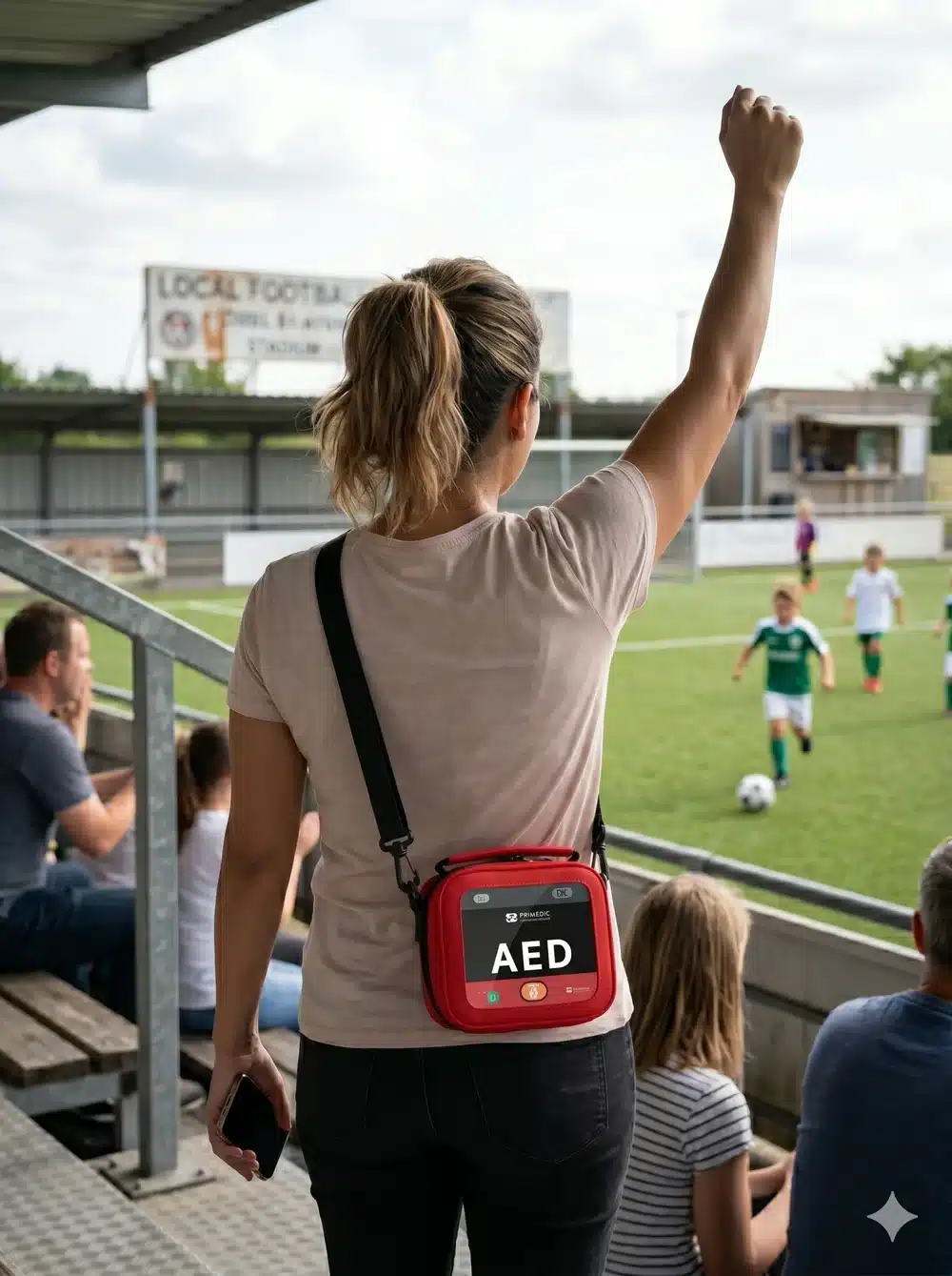Madre de familia con el desfibrilador HeartSave myPAD en su bolso de hombro en un campo deportivo infantil