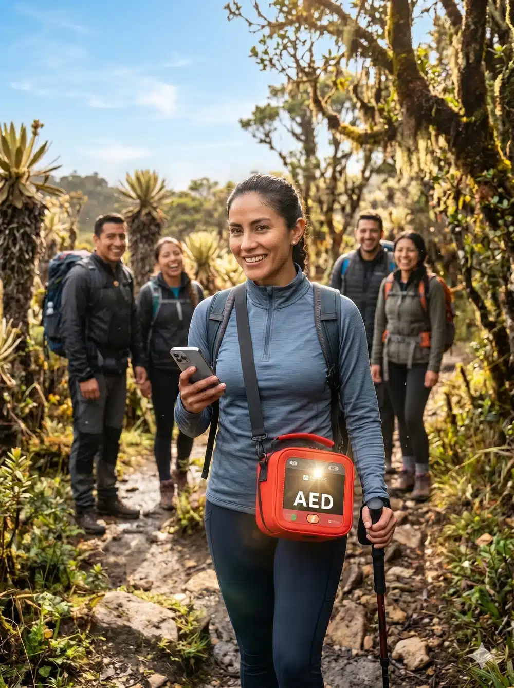 Grupo de senderistas en alta montaña llevando el HeartSave myPAD en su mochila