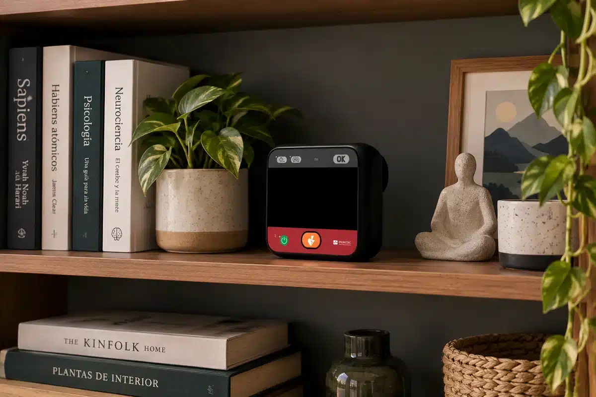 HeartSave myPAD ubicado discretamente en una biblioteca familiar junto a libros y plantas