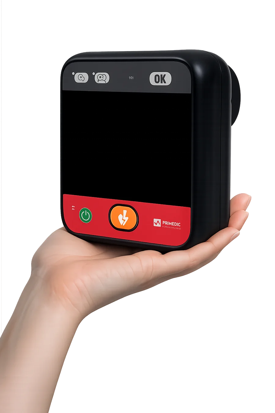 HeartSave myPAD sostenido confortablemente sobre la palma de una mano humana para demostrar su escala ultracompacta